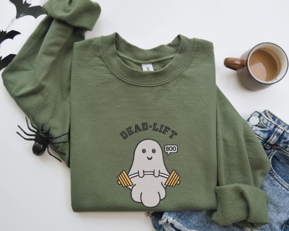 Embroidered Ghost Deadlift Sweatshirt, Halloween Spooky Gym Pullover, Funny Weightlifting Embroidered Crewneck - Image 6