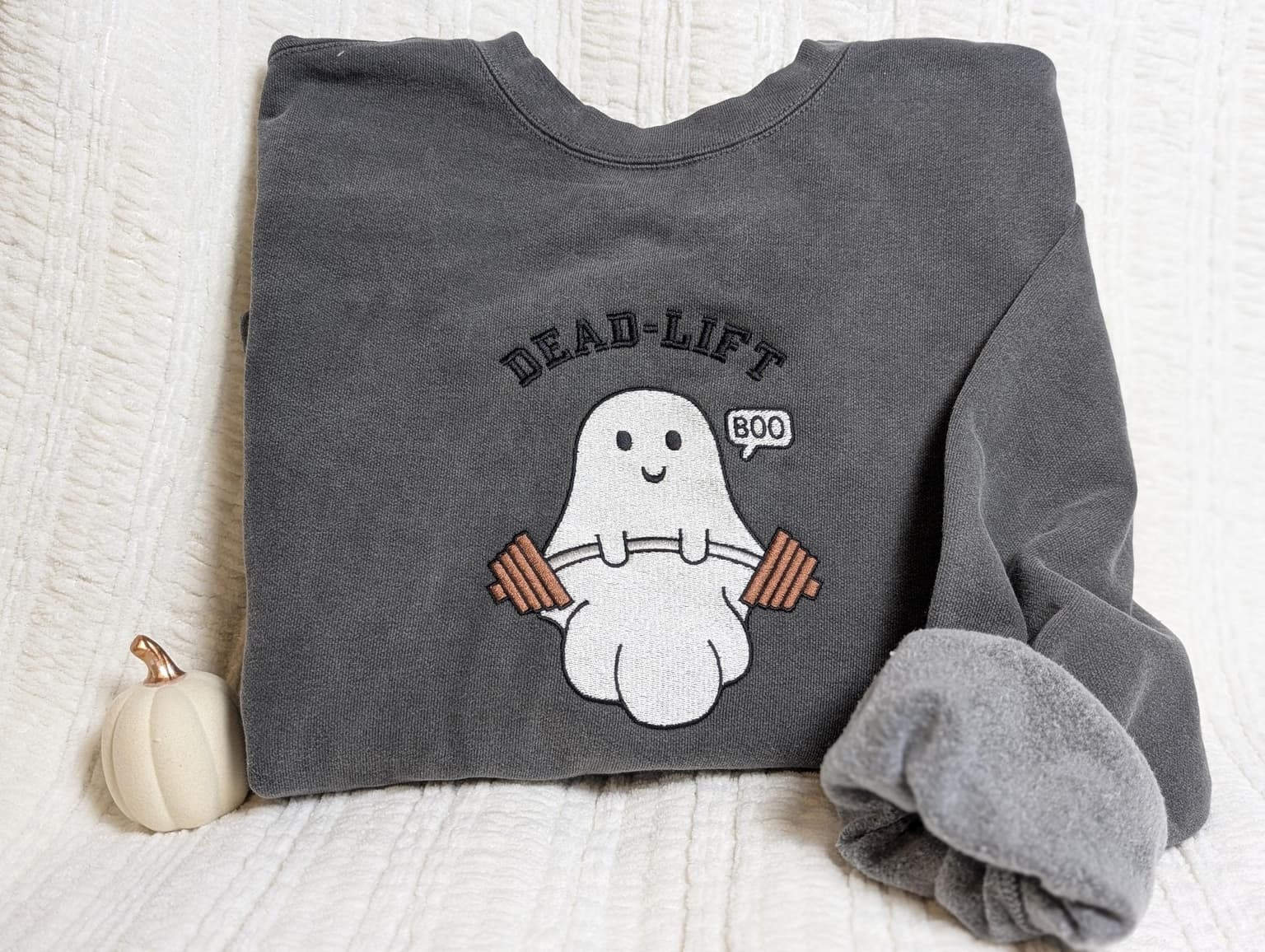 Embroidered Ghost Deadlift Sweatshirt, Halloween Spooky Gym Pullover, Funny Weightlifting Embroidered Crewneck