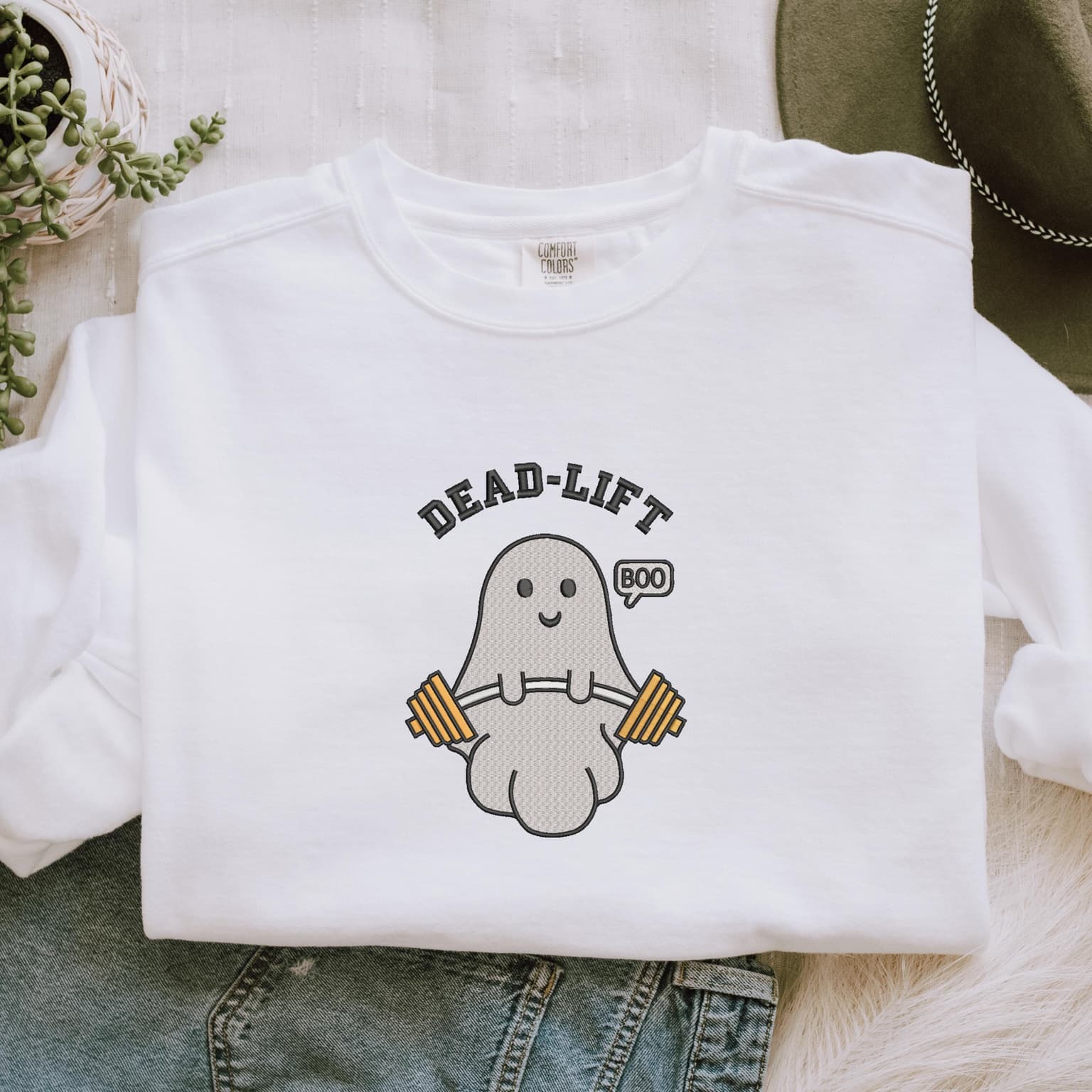 Embroidered Ghost Deadlift Sweatshirt, Halloween Spooky Gym Pullover, Funny Weightlifting Embroidered Crewneck - Image 2