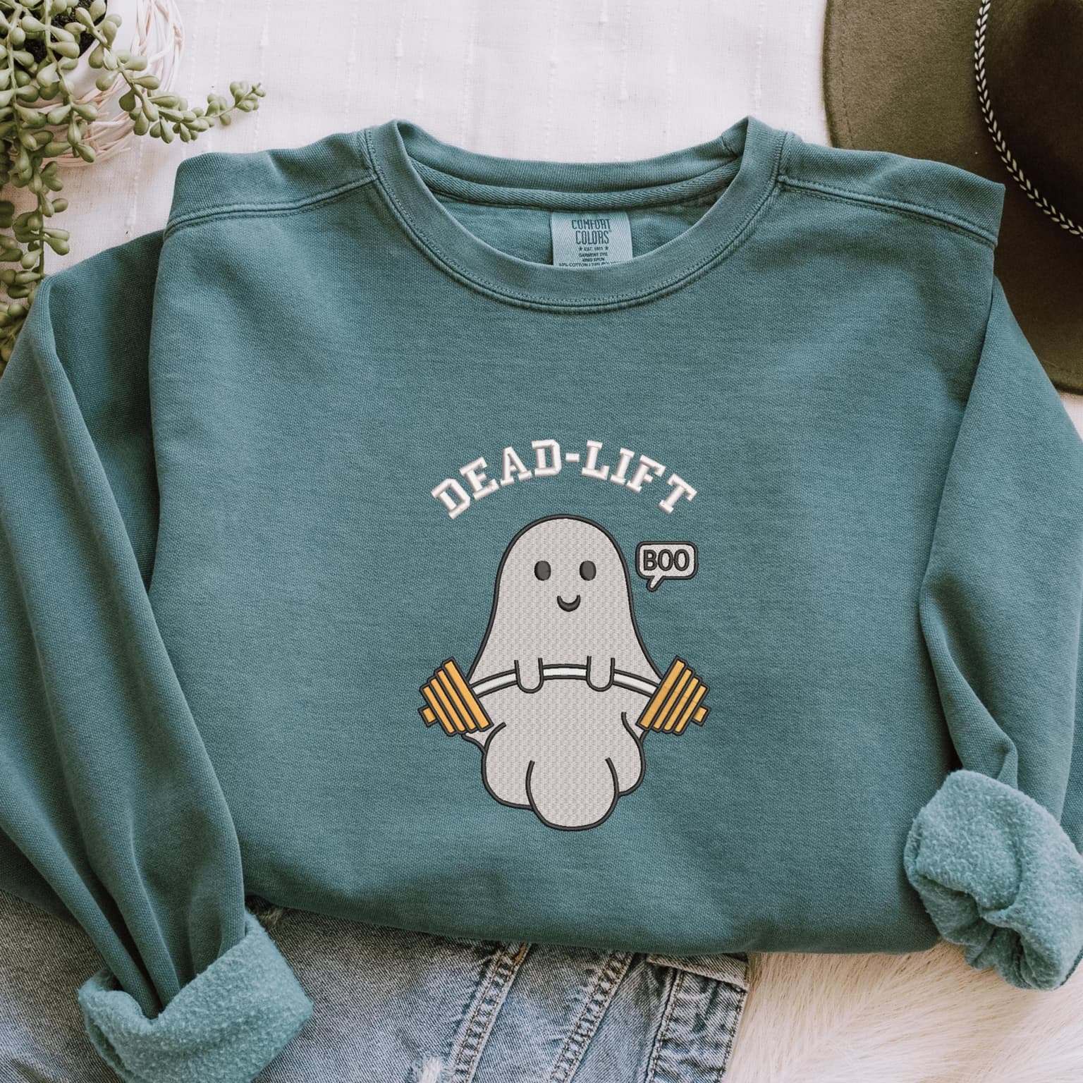 Embroidered Ghost Deadlift Sweatshirt, Halloween Spooky Gym Pullover, Funny Weightlifting Embroidered Crewneck - Image 3