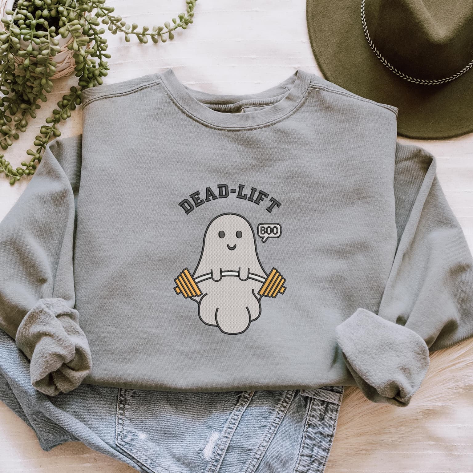 Embroidered Ghost Deadlift Sweatshirt, Halloween Spooky Gym Pullover, Funny Weightlifting Embroidered Crewneck - Image 5
