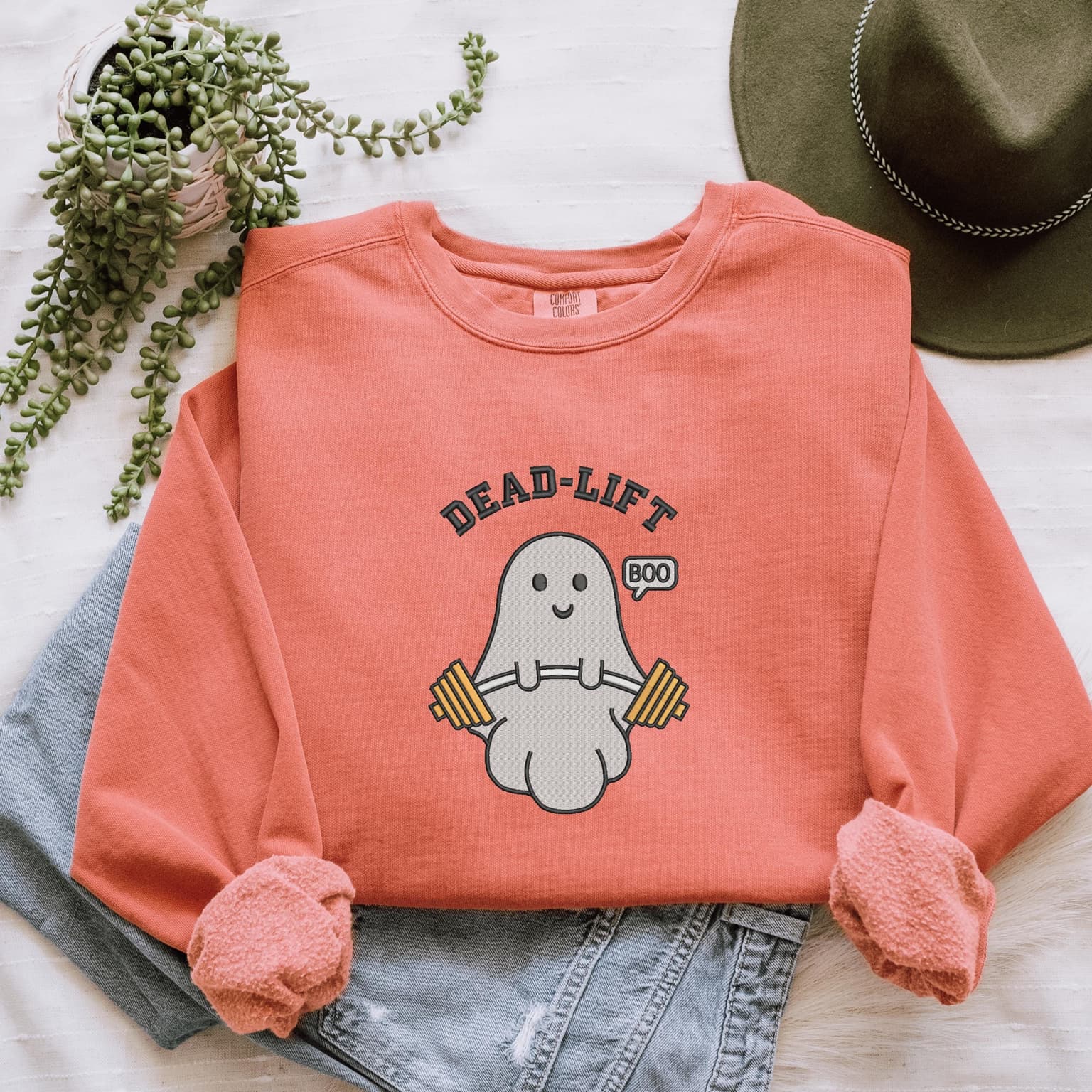 Embroidered Ghost Deadlift Sweatshirt, Halloween Spooky Gym Pullover, Funny Weightlifting Embroidered Crewneck - Image 4