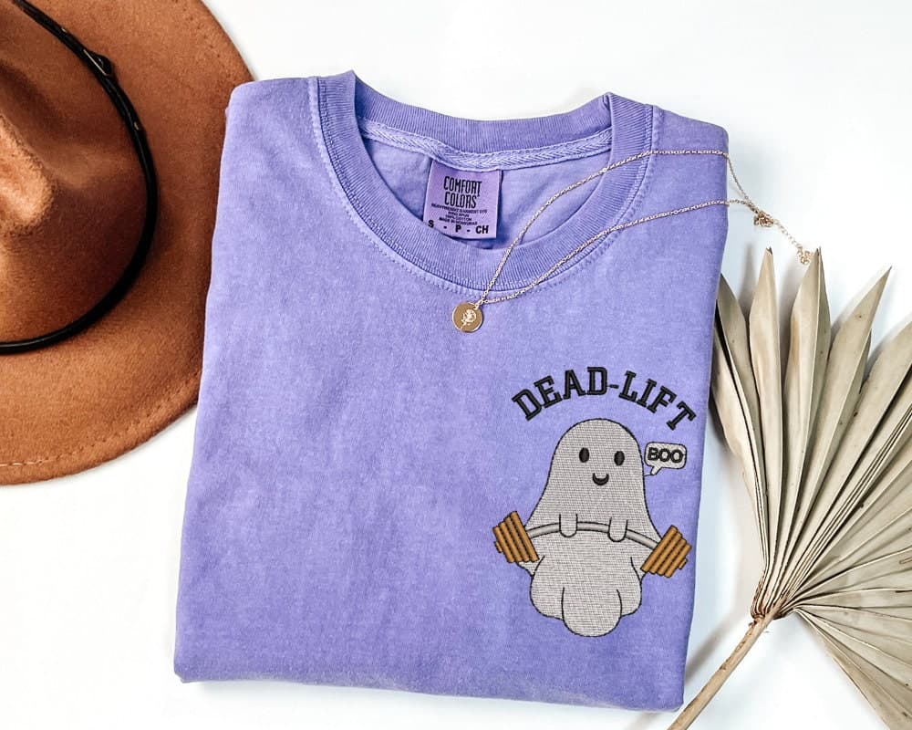 Embroidered Ghost Deadlift Shirt, Comfort Colors Gym Tee, Fitness Gift, Weightlifting Humor