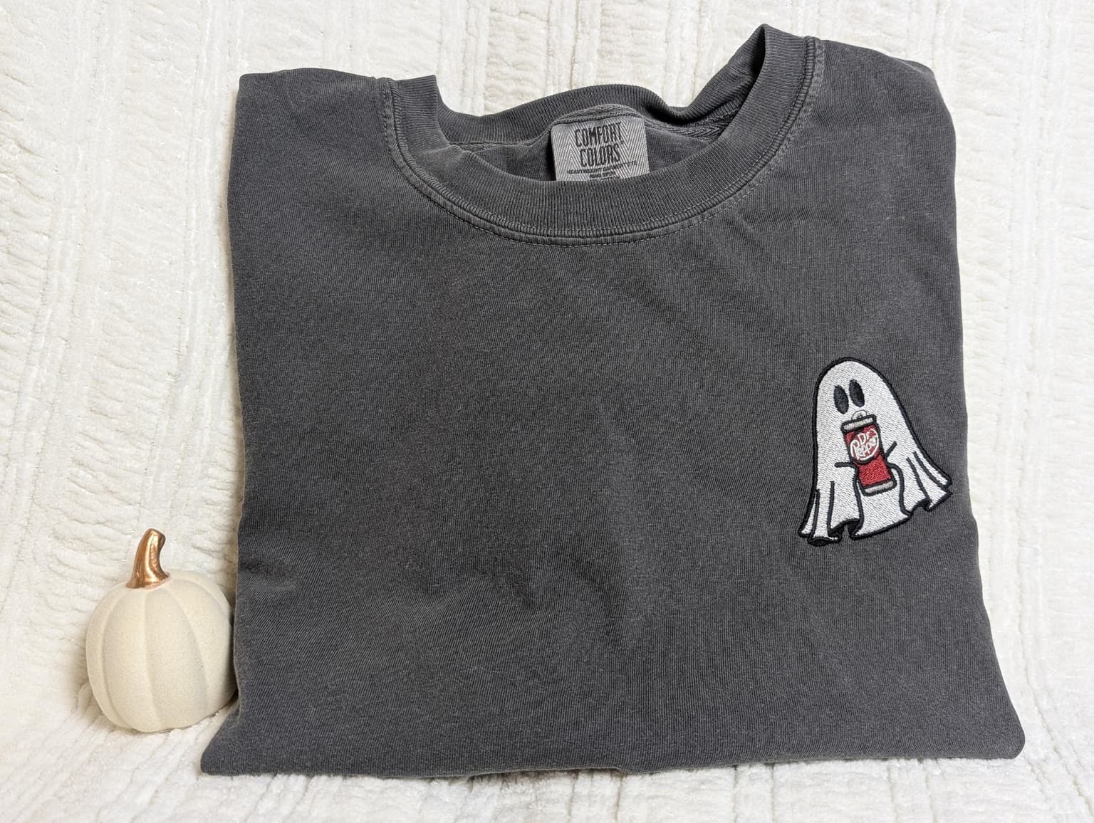 Embroidered Ghost With Dr. Pepper Shirt, Cute Ghost Shirt, Dr. Pepper Lover Shirt