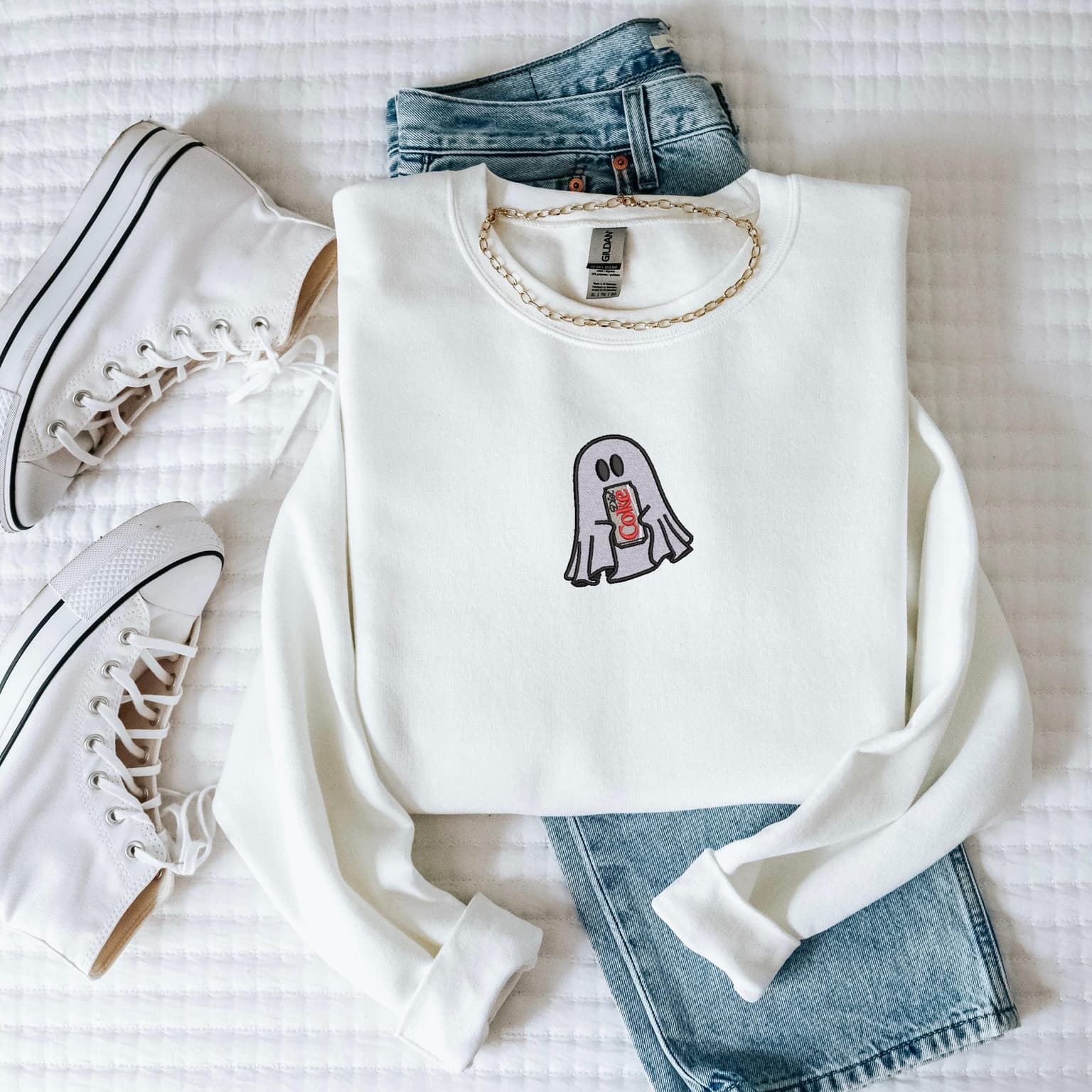 Embroidered Ghost With Diet Coke Sweatshirt, Cute Ghost, Diet Coke Lover - Image 2