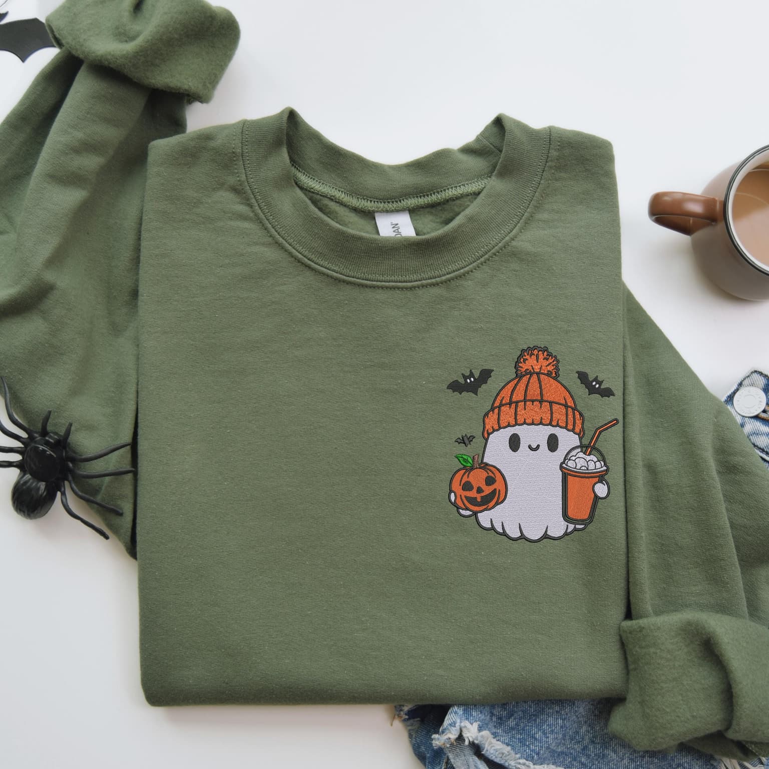 Embroidered Ghost With Coffee Sweatshirt, Pumpkin Spice Sweatshirt, Spooky Season, Cozy Pullover