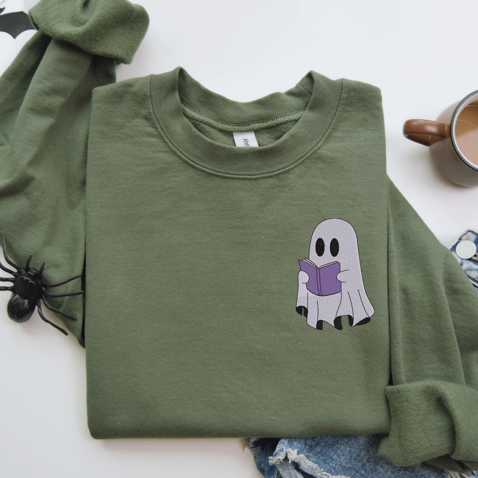 Embroidered Ghost Reading Book Sweatshirt, Halloween Sweatshirt, Spooky Season