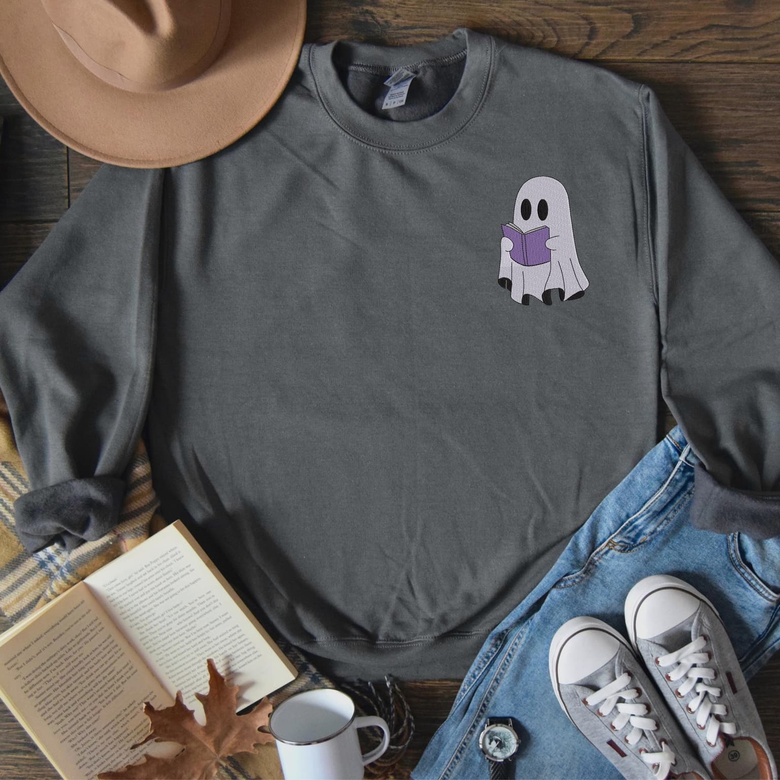 Embroidered Ghost Reading Book Sweatshirt, Halloween Sweatshirt, Spooky Season - Image 4