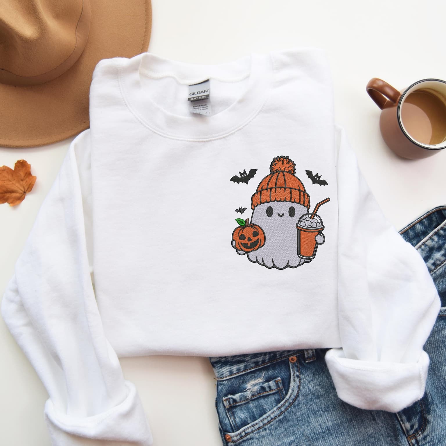 Embroidered Ghost With Coffee Sweatshirt, Pumpkin Spice Sweatshirt, Spooky Season, Cozy Pullover - Image 2