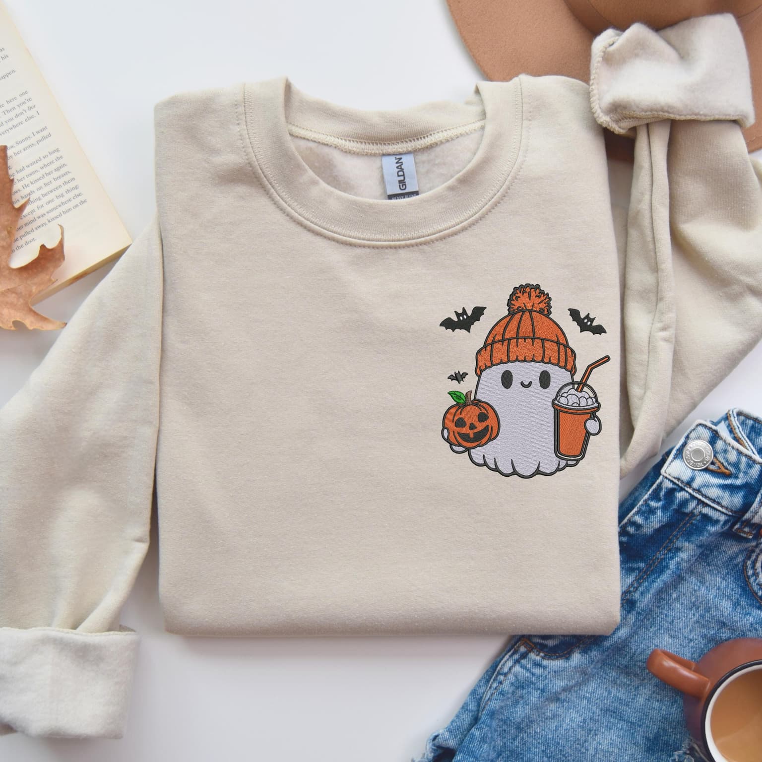 Embroidered Ghost With Coffee Sweatshirt, Pumpkin Spice Sweatshirt, Spooky Season, Cozy Pullover - Image 3