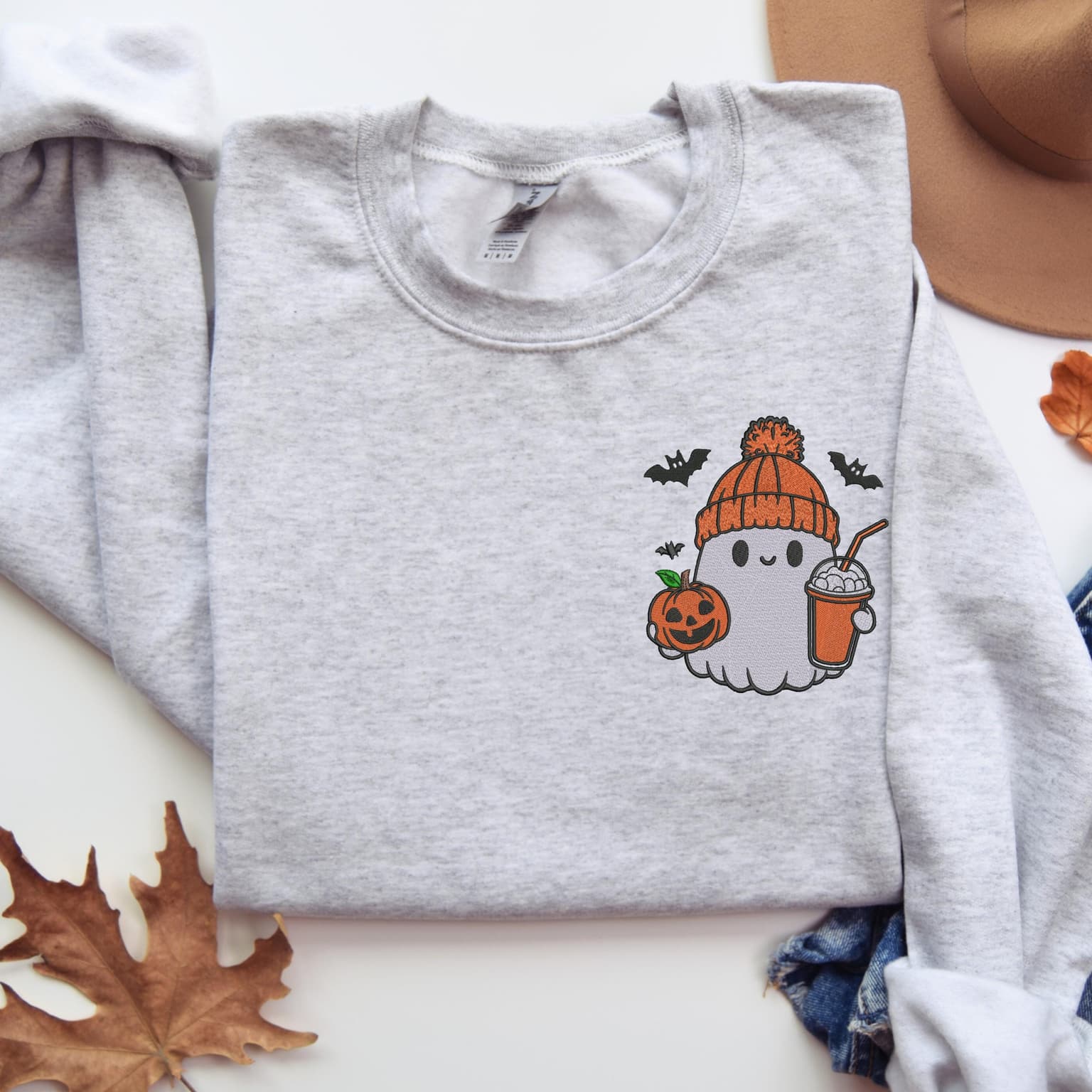 Embroidered Ghost With Coffee Sweatshirt, Pumpkin Spice Sweatshirt, Spooky Season, Cozy Pullover - Image 4