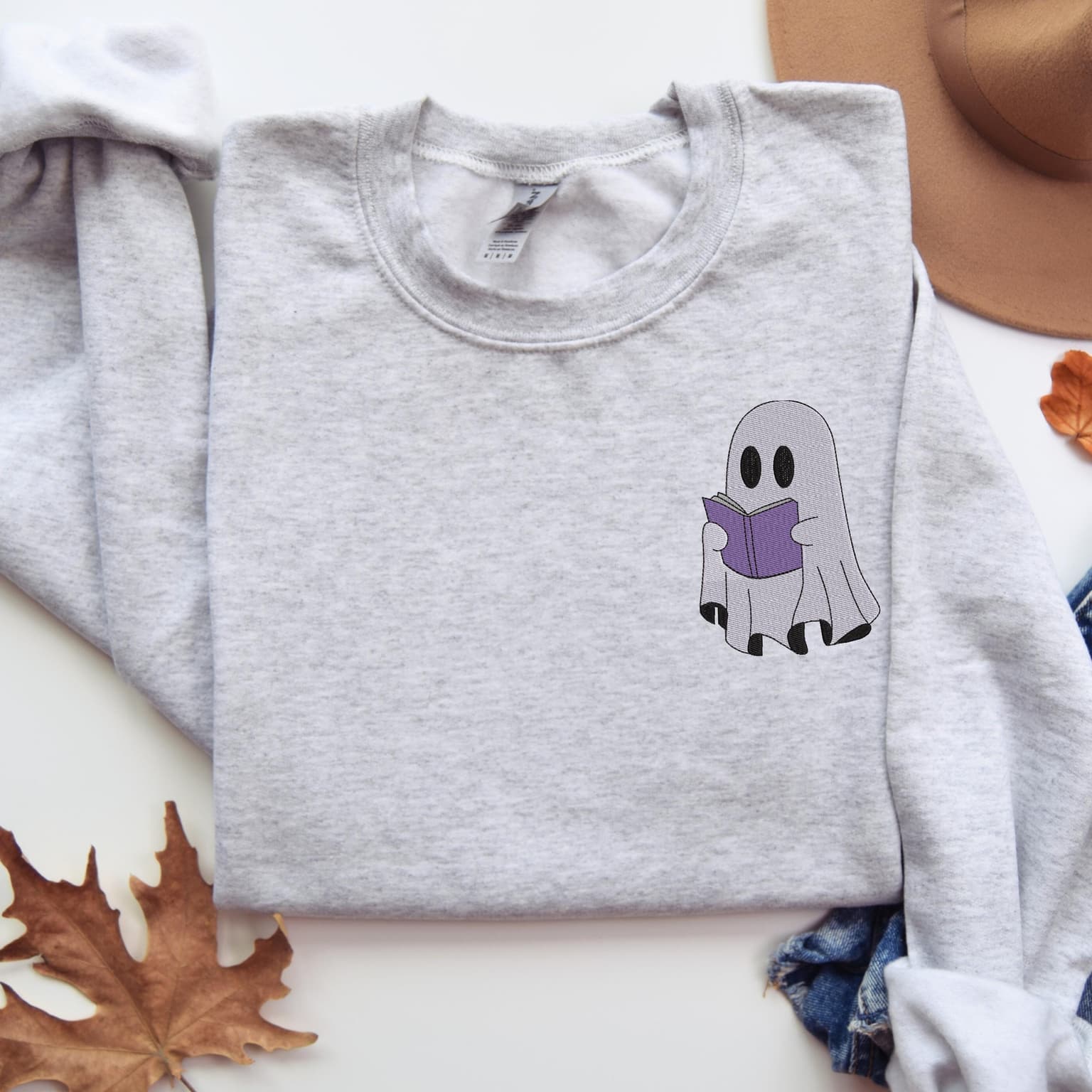 Embroidered Ghost Reading Book Sweatshirt, Halloween Sweatshirt, Spooky Season - Image 2