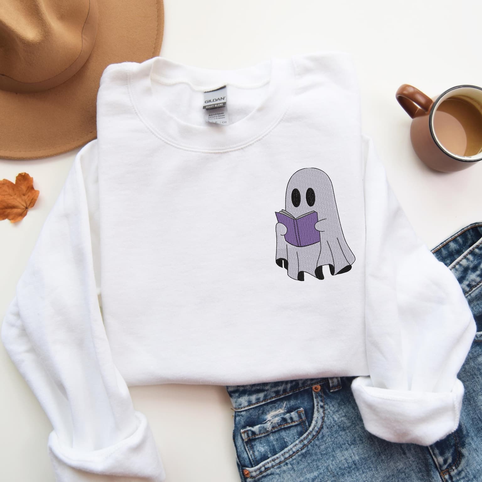 Embroidered Ghost Reading Book Sweatshirt, Halloween Sweatshirt, Spooky Season - Image 3