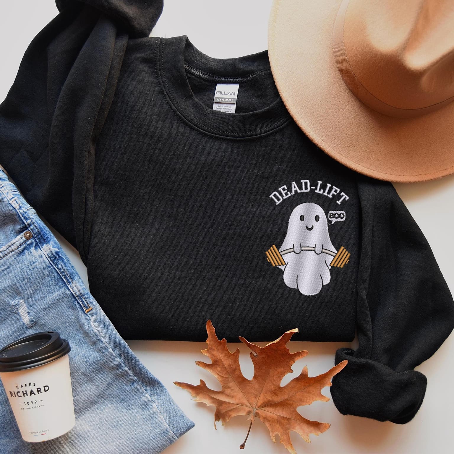 Embroidered Ghost Deadlift Sweatshirt, Funny Gym Wear, Weightlifting Humor, Fitness Gift, Spooky Gains