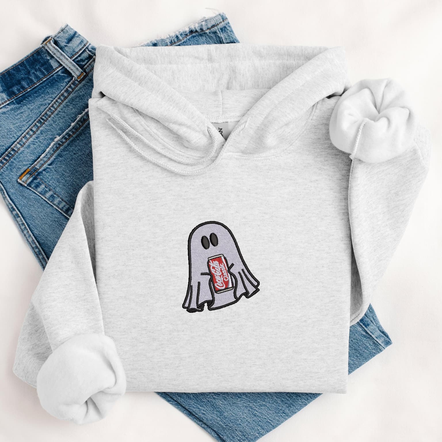 Embroidered Ghost With Coke Hoodie, Cute Ghost Hoodie, Coke Lover Hoodie