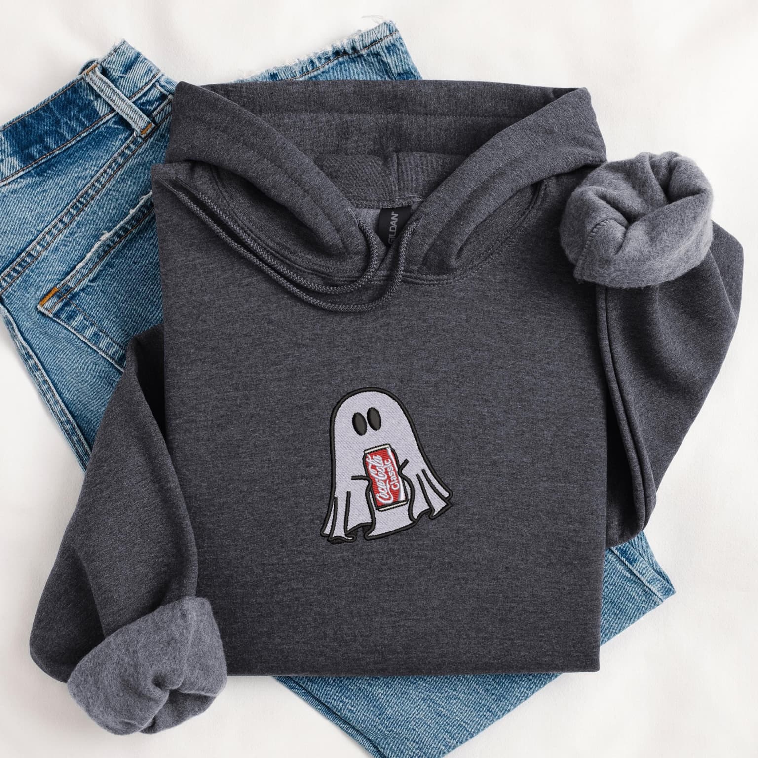 Embroidered Ghost With Coke Hoodie, Cute Ghost Hoodie, Coke Lover Hoodie - Image 2
