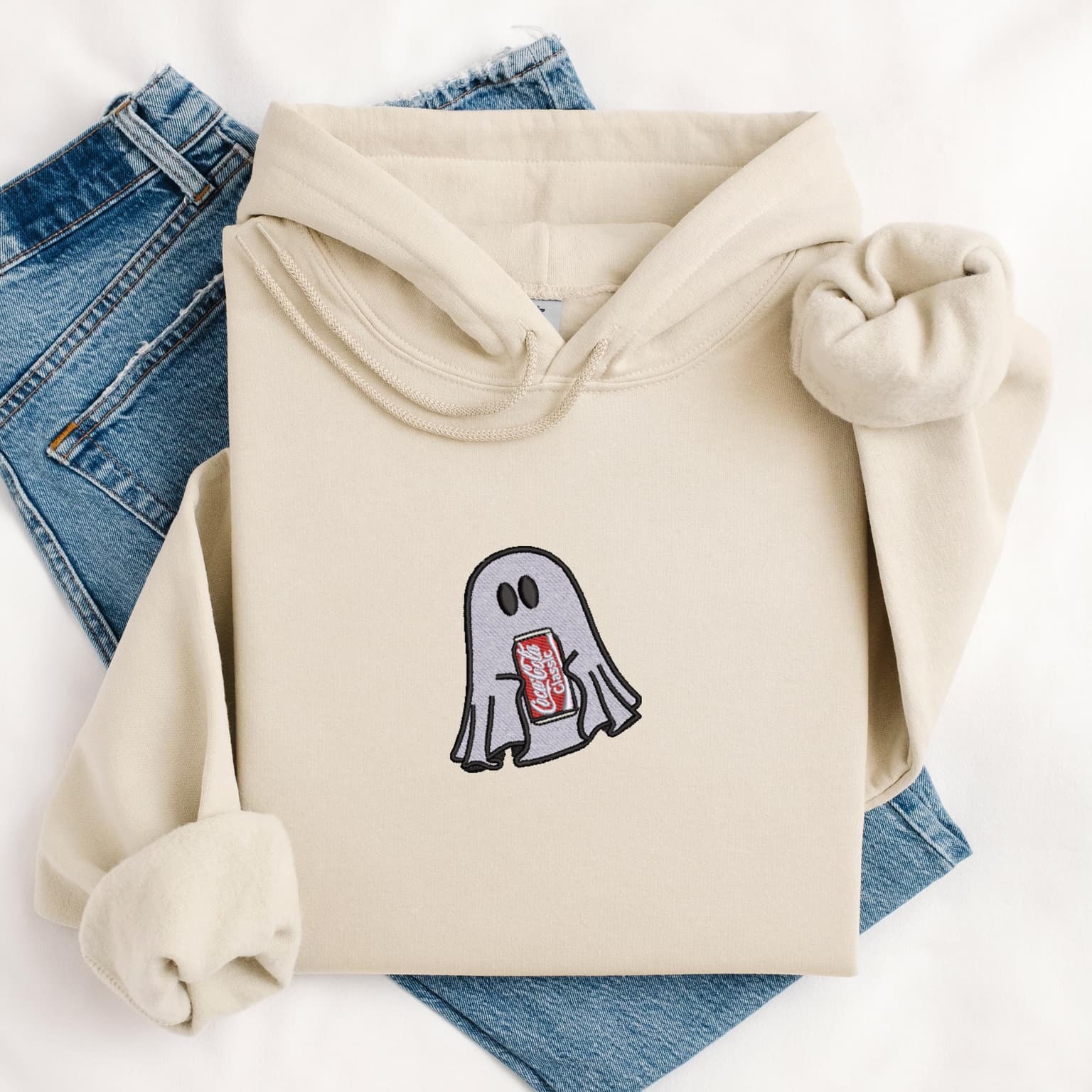 Embroidered Ghost With Coke Hoodie, Cute Ghost Hoodie, Coke Lover Hoodie - Image 5