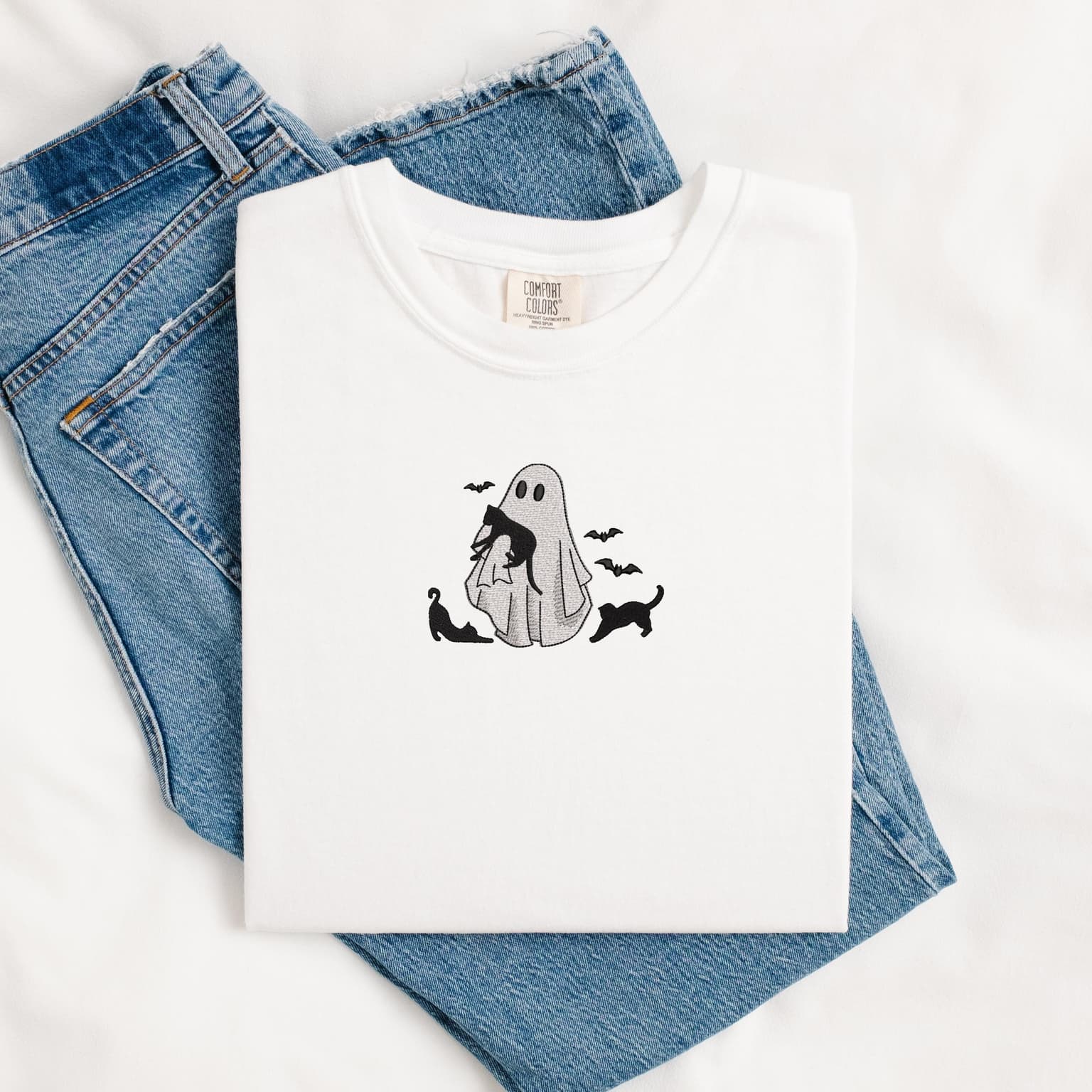 Embroidered Ghost Holding Cat Shirt, Halloween Shirt, Spooky Cats - Image 6