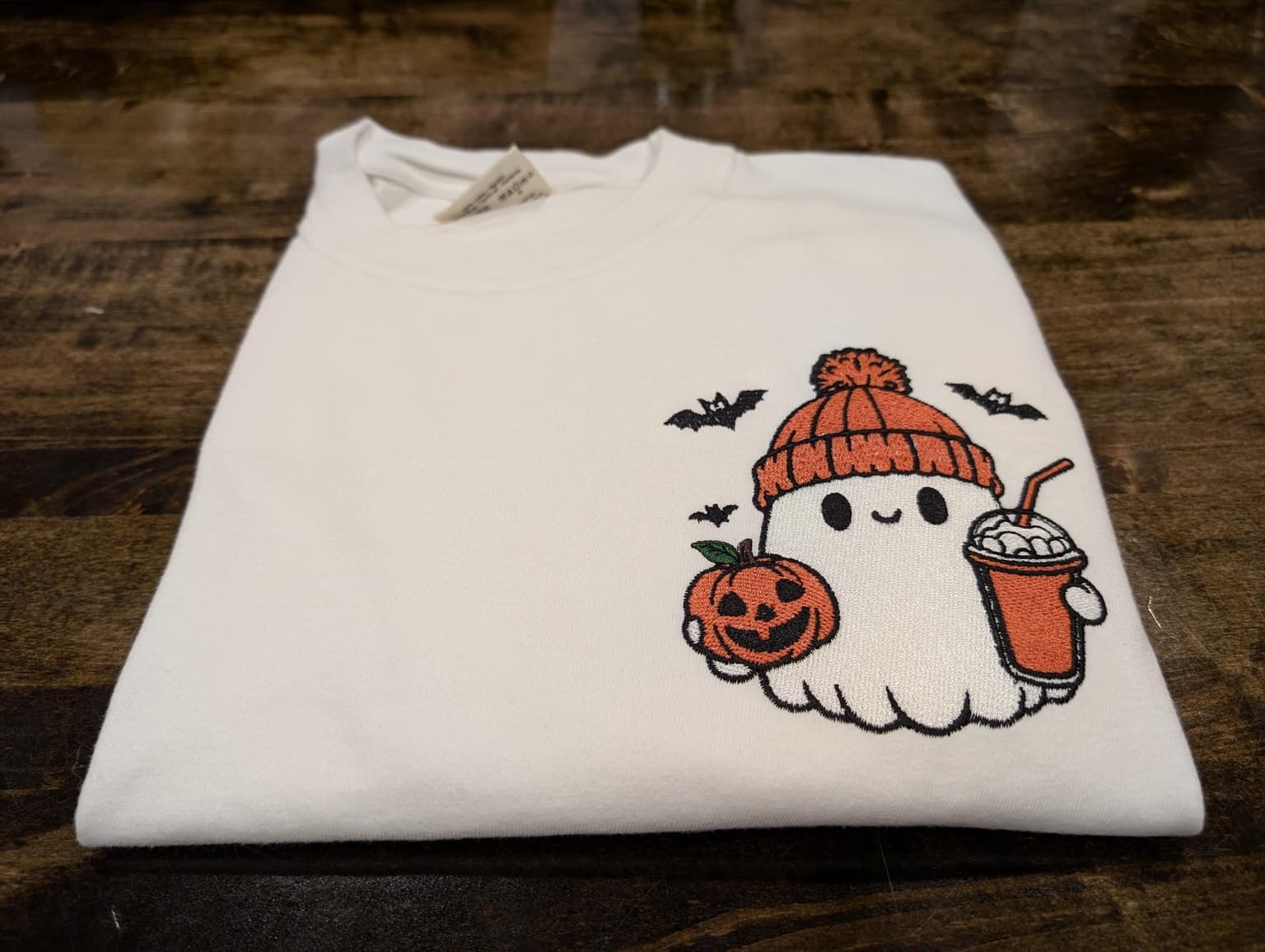 Embroidered Ghost With Coffee T-Shirt, Pumpkin Spice T-Shirt, Spooky Season, Comfort Colors - Image 2