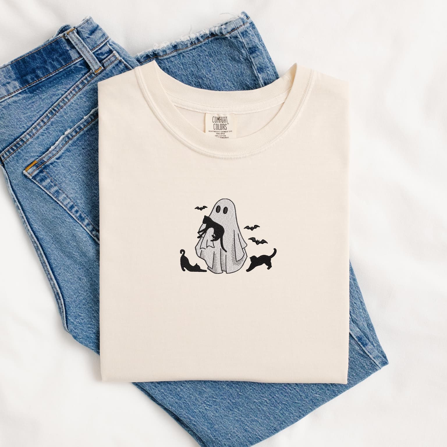 Embroidered Ghost Holding Cat Shirt, Halloween Shirt, Spooky Cats - Image 4