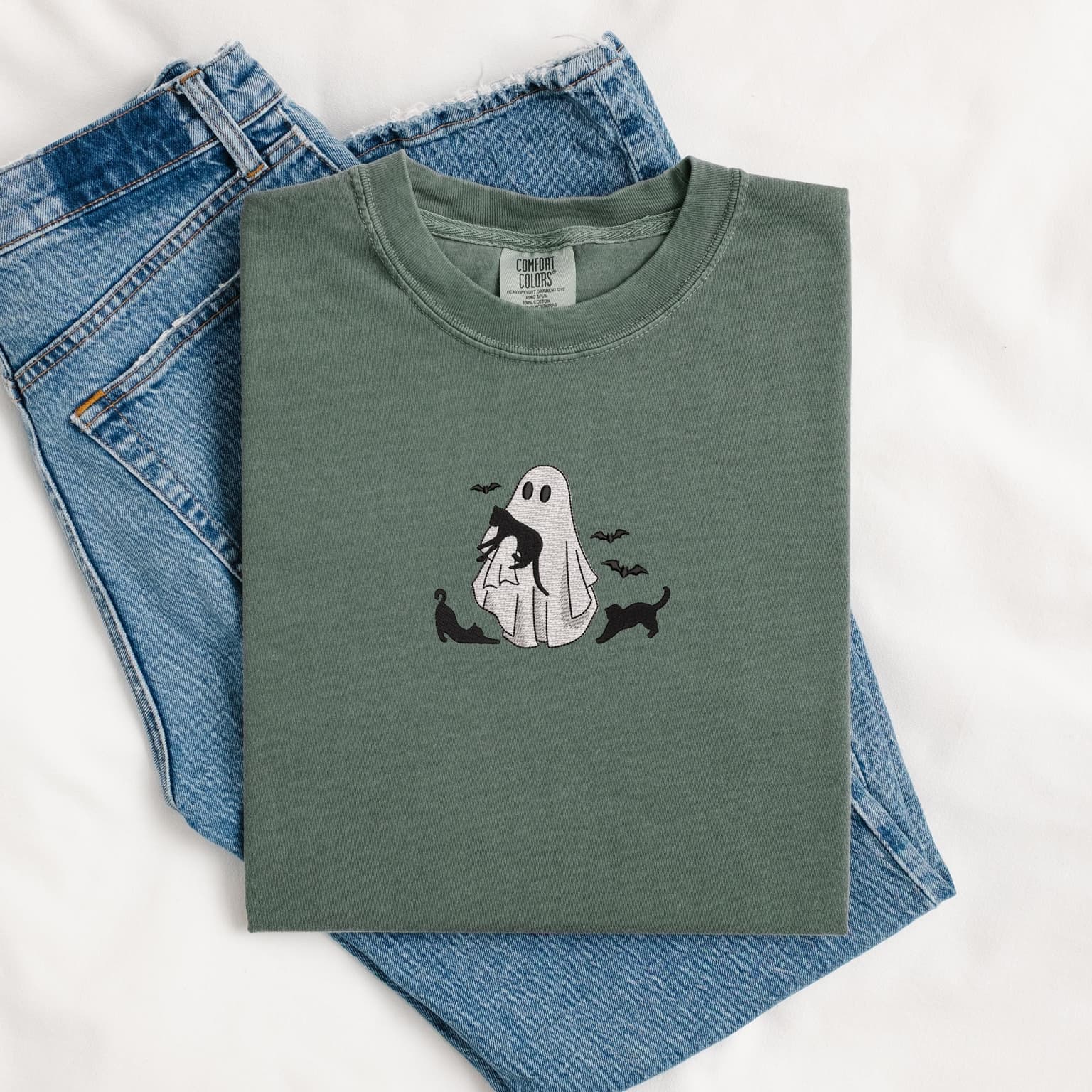 Embroidered Ghost Holding Cat Shirt, Halloween Shirt, Spooky Cats - Image 3