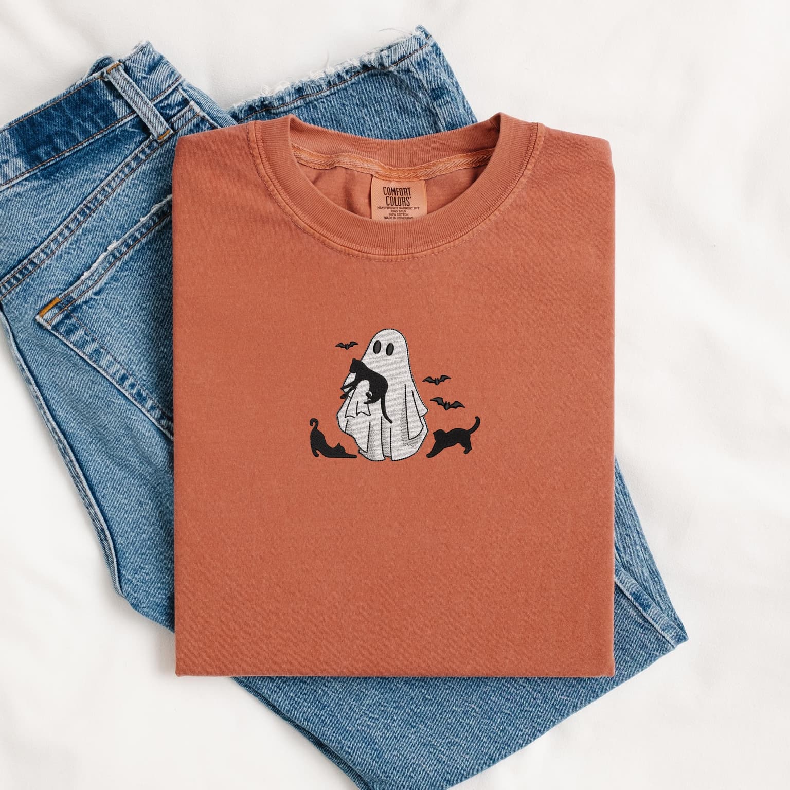 Embroidered Ghost Holding Cat Shirt, Halloween Shirt, Spooky Cats