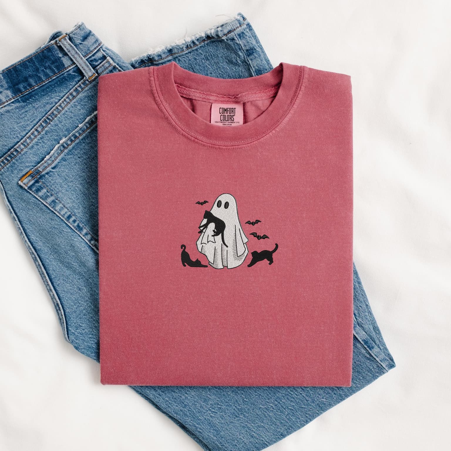Embroidered Ghost Holding Cat Shirt, Halloween Shirt, Spooky Cats - Image 5
