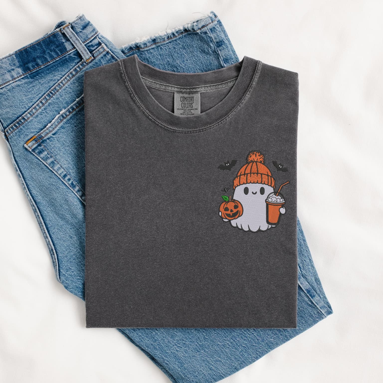 Embroidered Ghost With Coffee T-Shirt, Pumpkin Spice T-Shirt, Spooky Season, Comfort Colors - Image 5