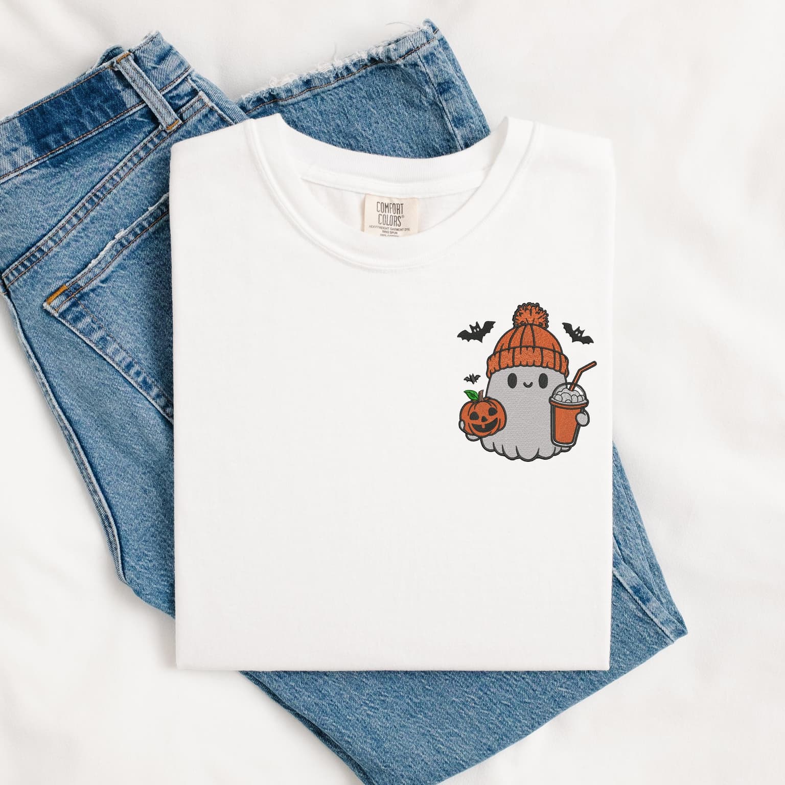 Embroidered Ghost With Coffee T-Shirt, Pumpkin Spice T-Shirt, Spooky Season, Comfort Colors - Image 3