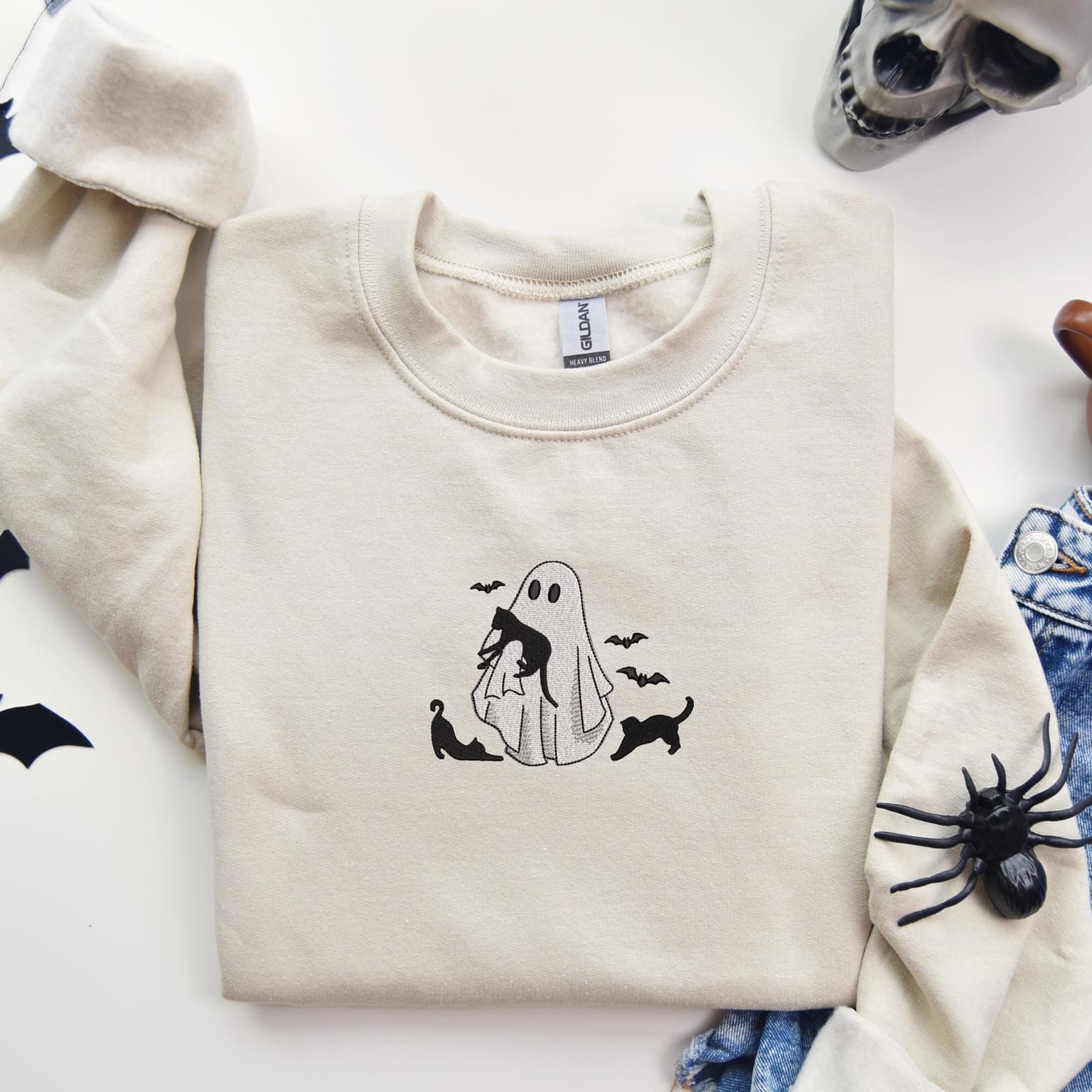 Embroidered Ghost Holding Cat Sweatshirt, Halloween Sweatshirt, Spooky Cats - Image 4