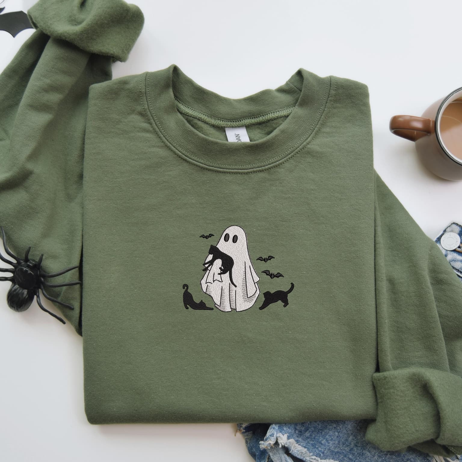 Embroidered Ghost Holding Cat Sweatshirt, Halloween Sweatshirt, Spooky Cats