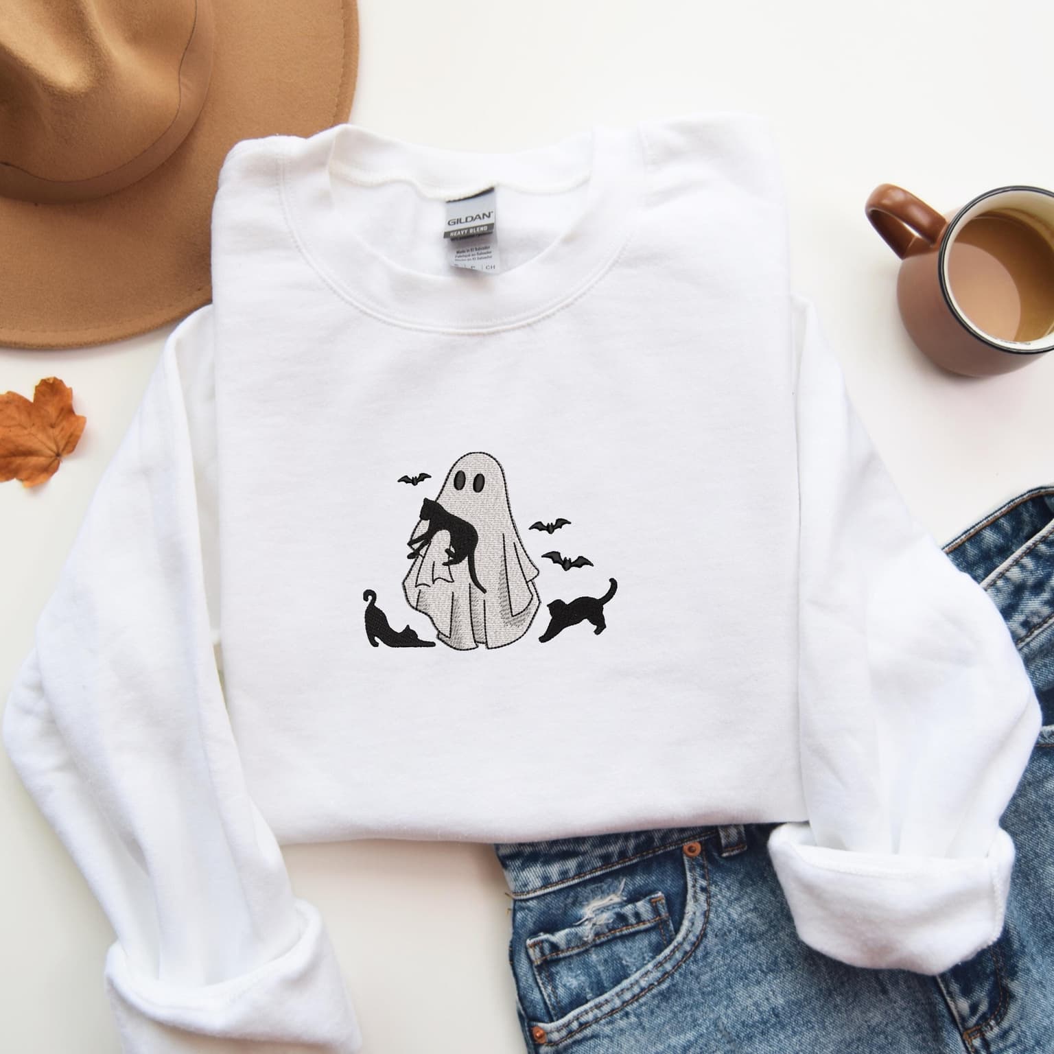 Embroidered Ghost Holding Cat Sweatshirt, Halloween Sweatshirt, Spooky Cats - Image 3