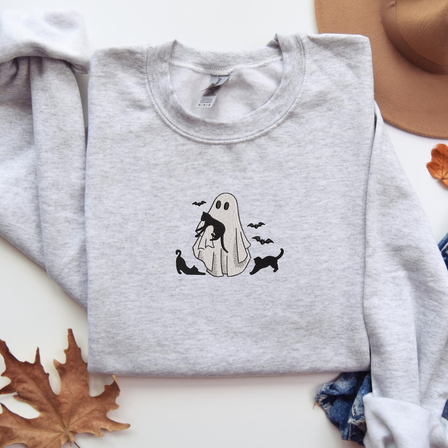 Embroidered Ghost Holding Cat Sweatshirt, Halloween Sweatshirt, Spooky Cats - Image 2