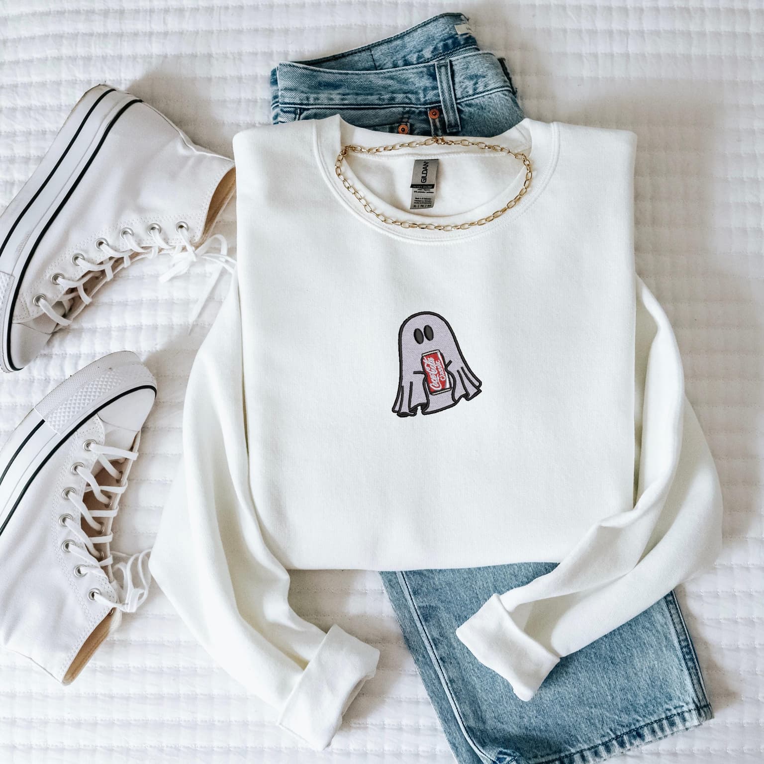 Embroidered Ghost With Coke Sweatshirt, Cute Ghost, Coke Lover
