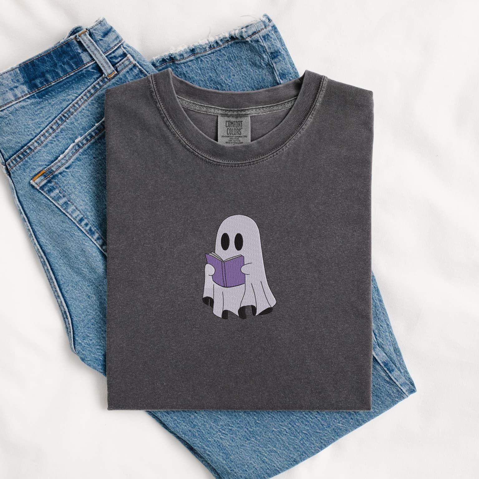 Embroidered Ghost Reading Book Shirt, Halloween Shirt, Spooky Season