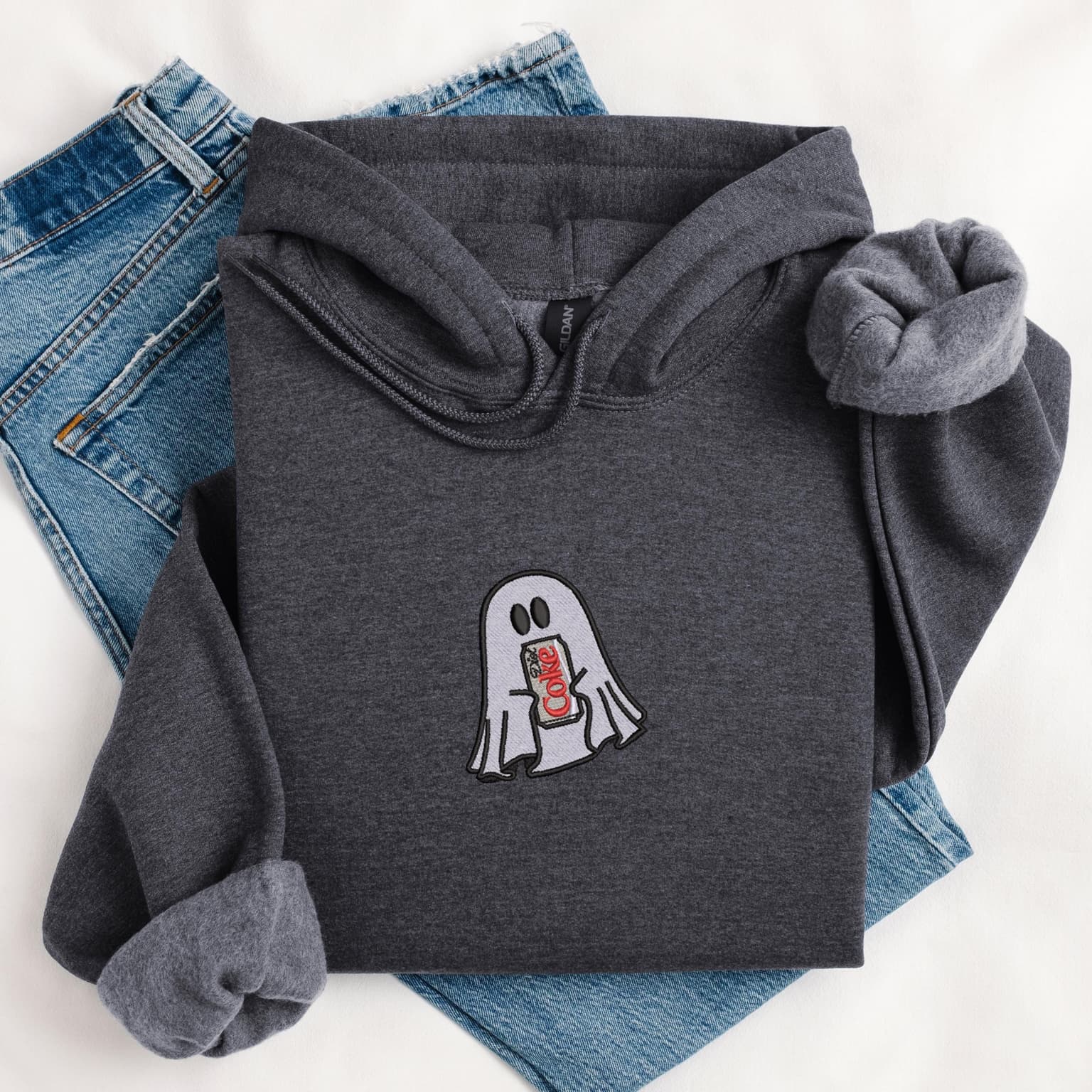 Embroidered Ghost With Diet Coke Hoodie, Cute Ghost Hoodie, Diet Coke Lover Hoodie - Image 2