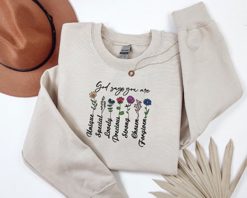 God Says You Are Sweatshirt, Embroidered Sweatshirt, Floral Christian Sweatshirt, Religious Sweatshirt, Bible Verse Sweatshirt, Embroidered - Image 3