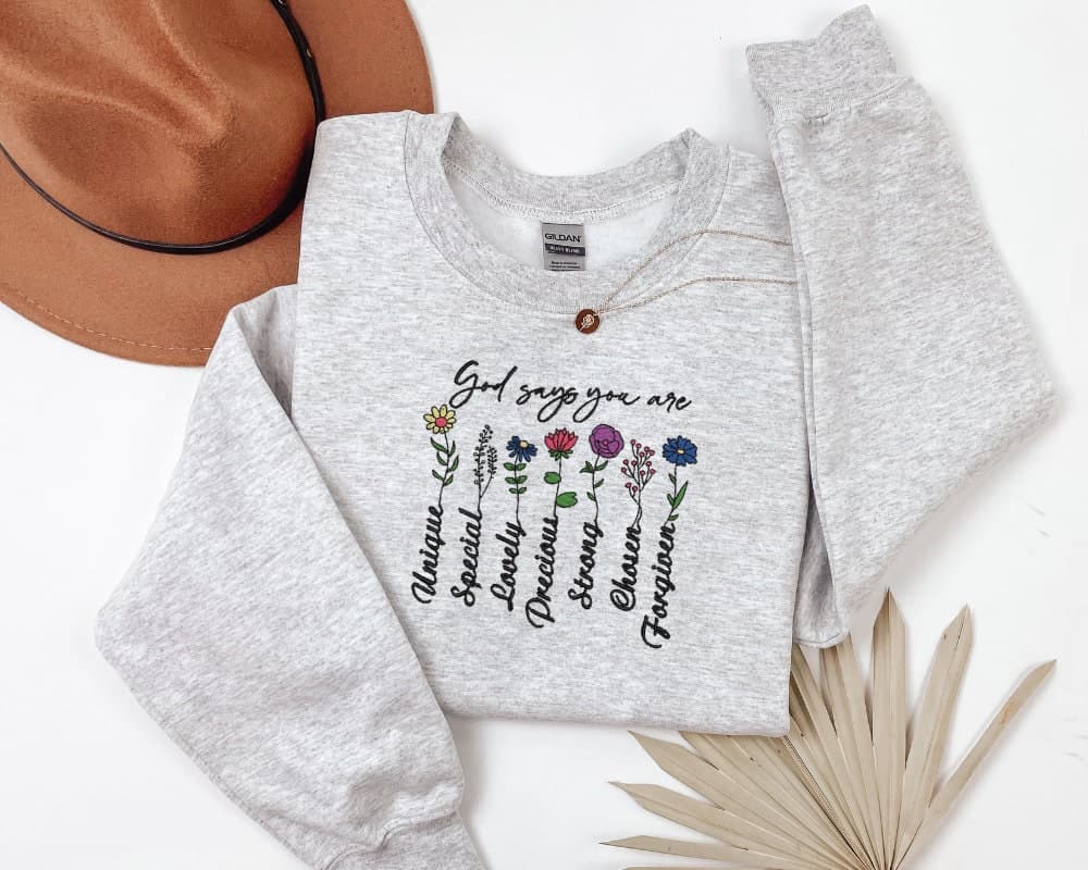 God Says You Are Sweatshirt, Embroidered Sweatshirt, Floral Christian Sweatshirt, Religious Sweatshirt, Bible Verse Sweatshirt, Embroidered - Image 2