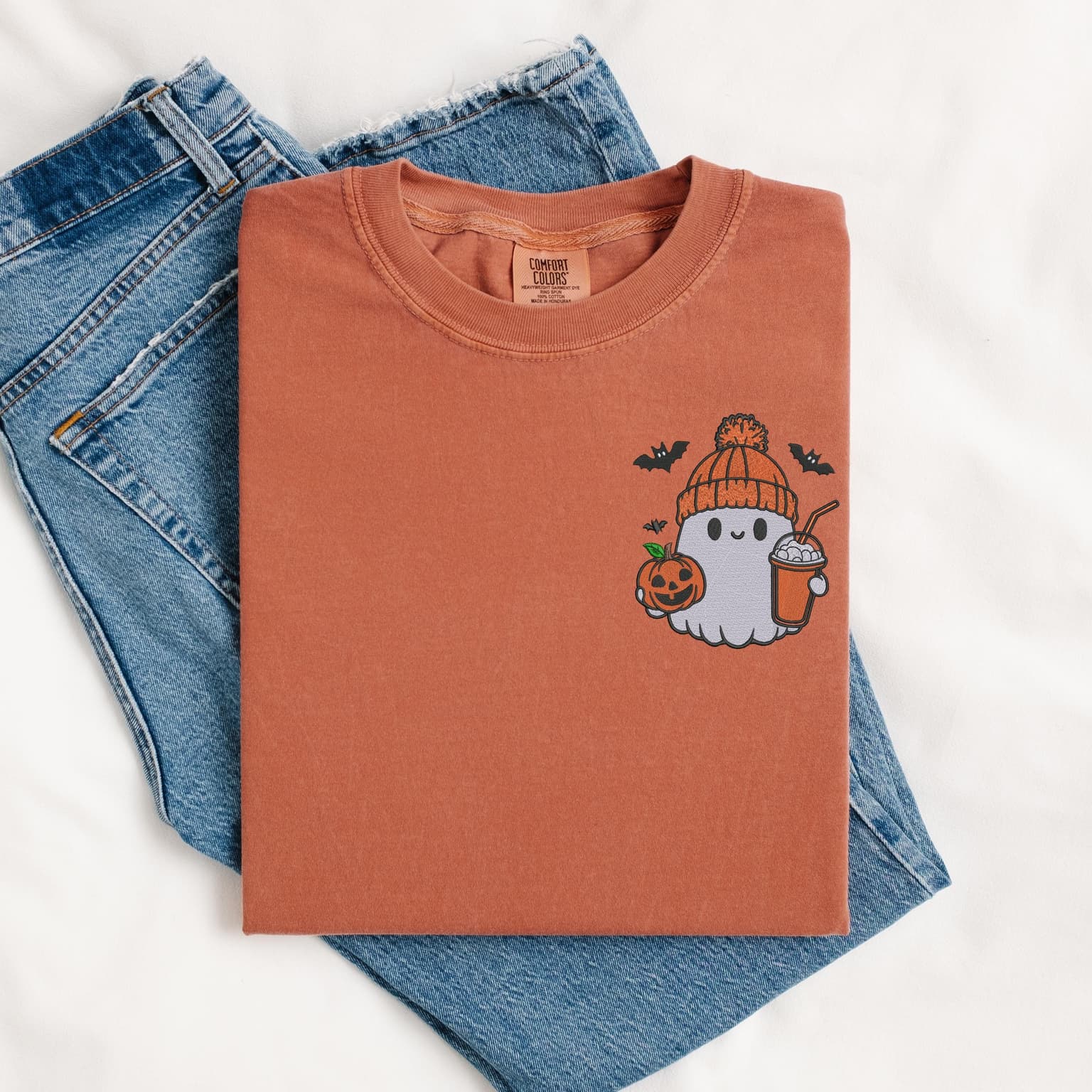 Embroidered Ghost With Coffee T-Shirt, Pumpkin Spice T-Shirt, Spooky Season, Comfort Colors