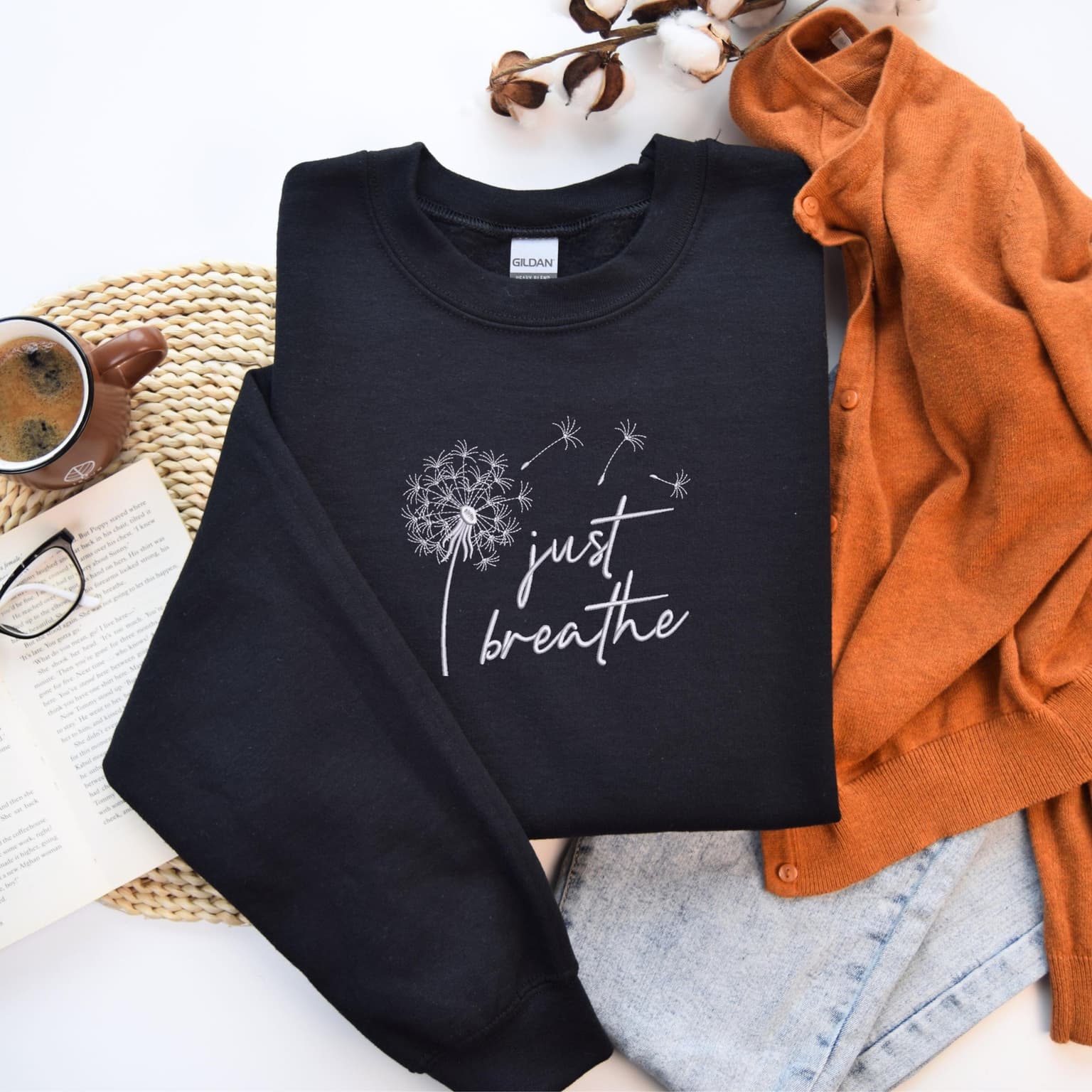 Embroidered Just Breathe Sweatshirt, Dandelion Design, Mindfulness Apparel